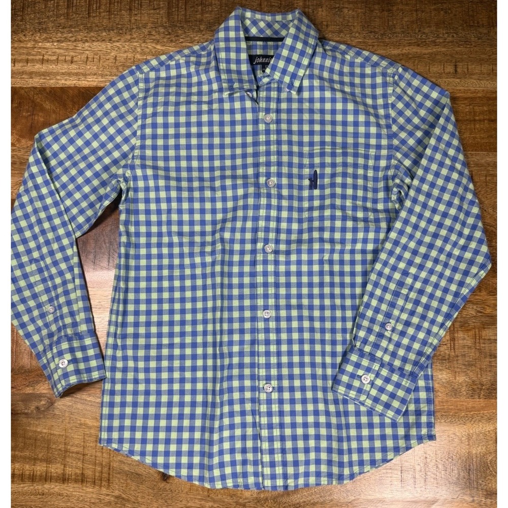 johnnie-O Boys Shirt Size 12 Blue Green Check Button Down Long Sleeve Cotton